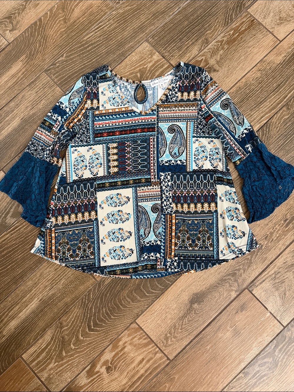 Boho Patchwork Print Bell Sleeve Blouse - Teal & Cream